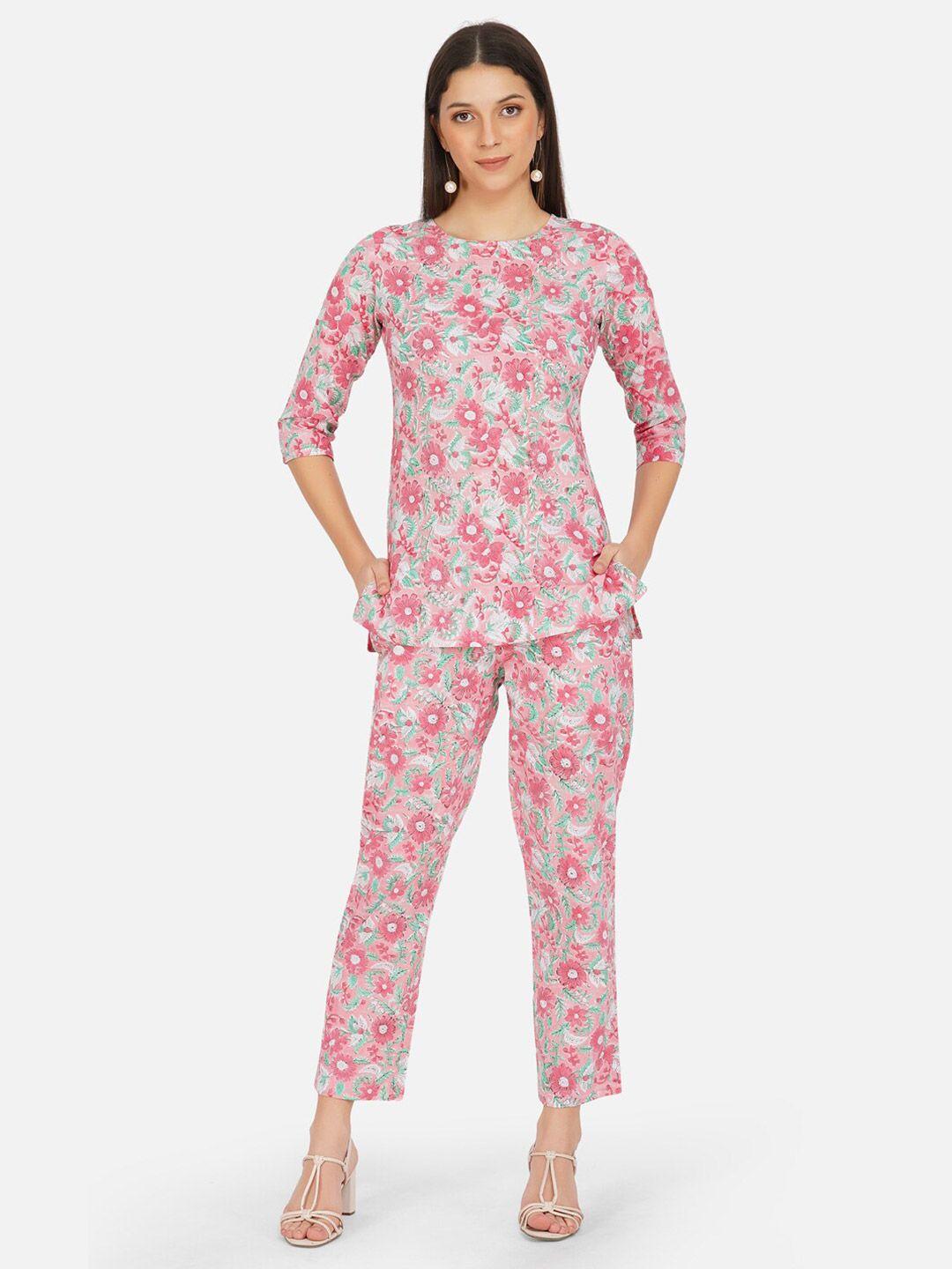 fabnest women pink & white printed pure cotton tunic with pyjamas