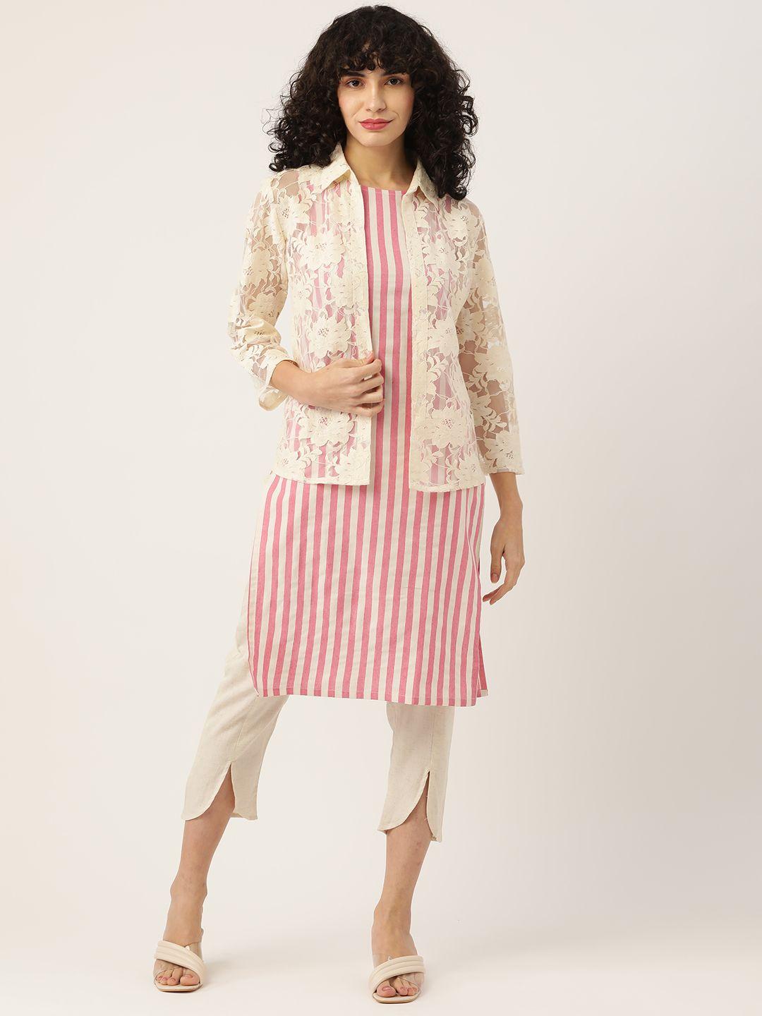 fabnest women pink striped layered pure cotton kurta trousers with jacket
