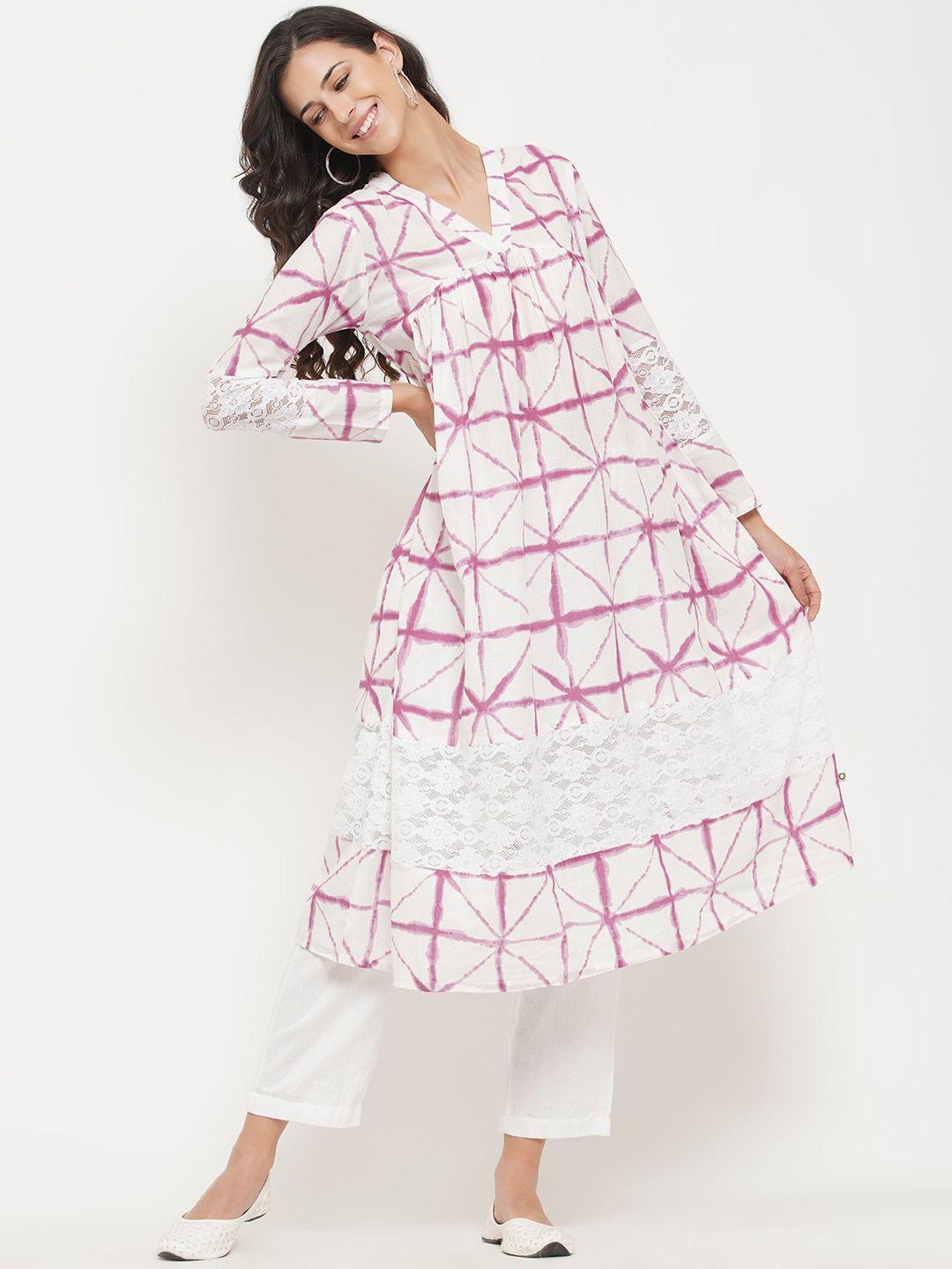 fabnest women purple & white printed empire cotton kurta with trouser