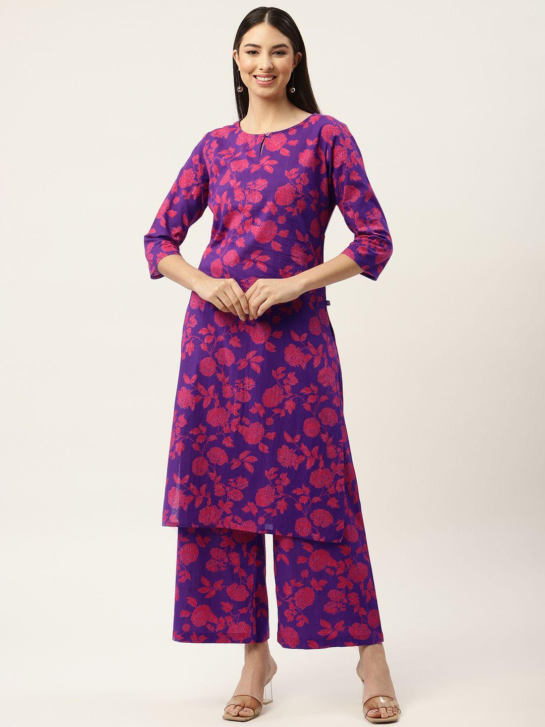 fabnest women purple ethnic motifs printed pure cotton kurta with palazzos