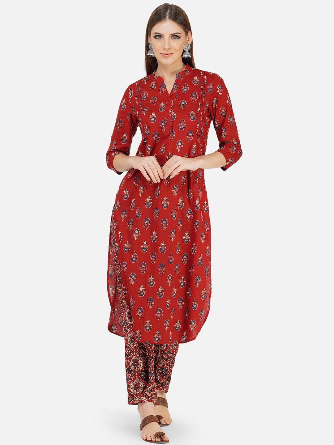 fabnest women red floral printed pure cotton kurti with trousers