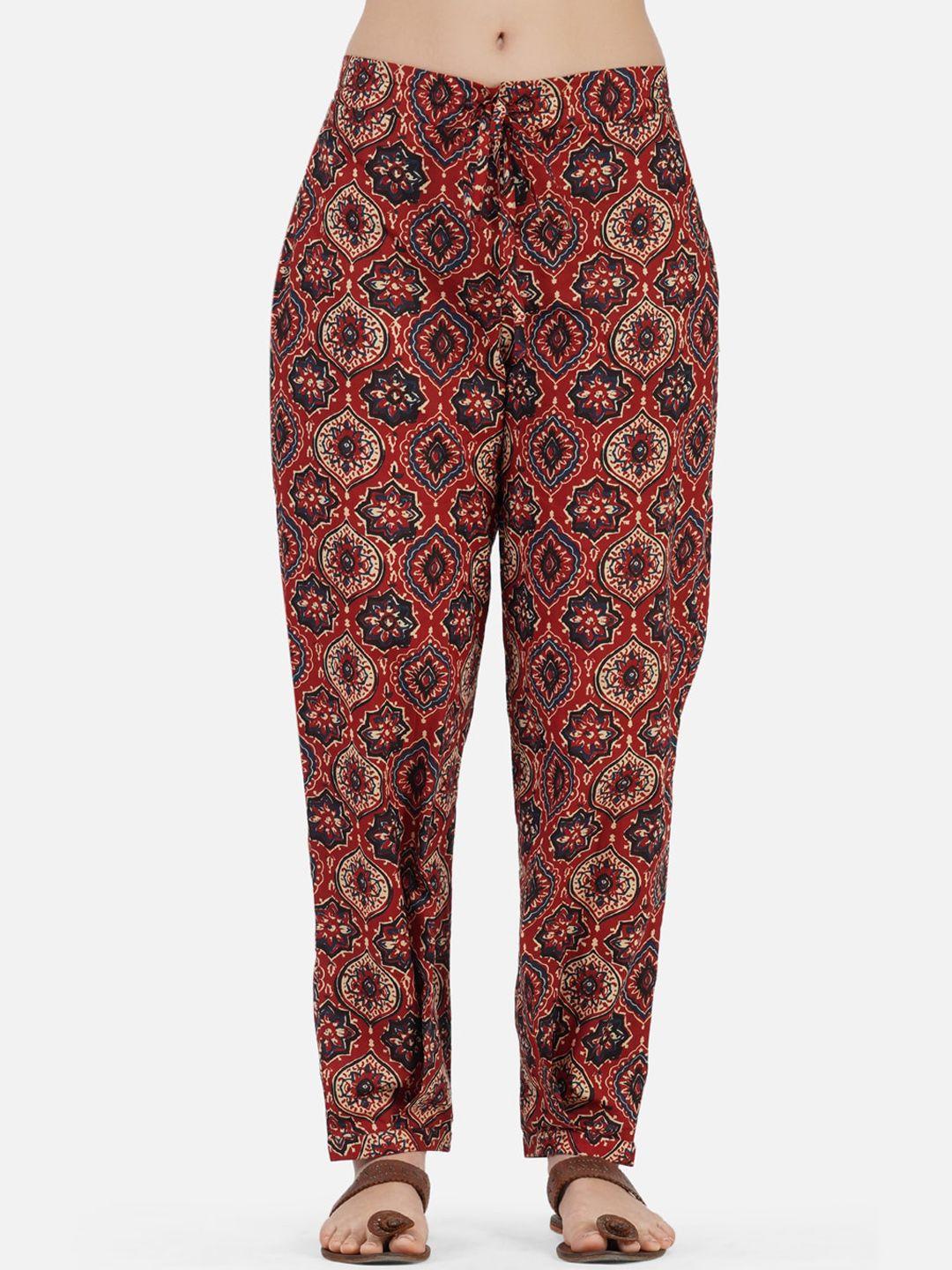 fabnest women red floral printed relaxed trousers