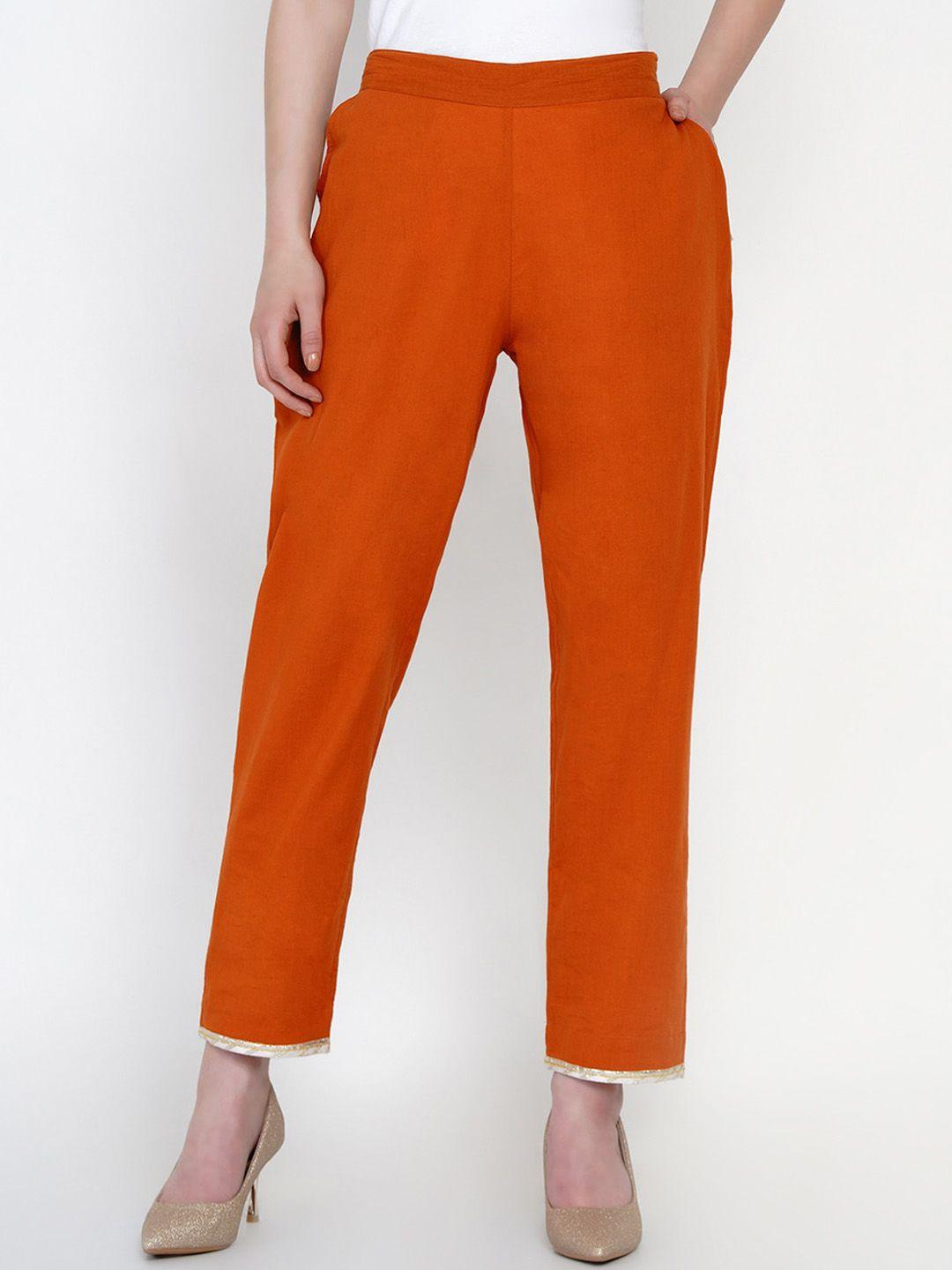 fabnest women rust regular fit solid regular trousers