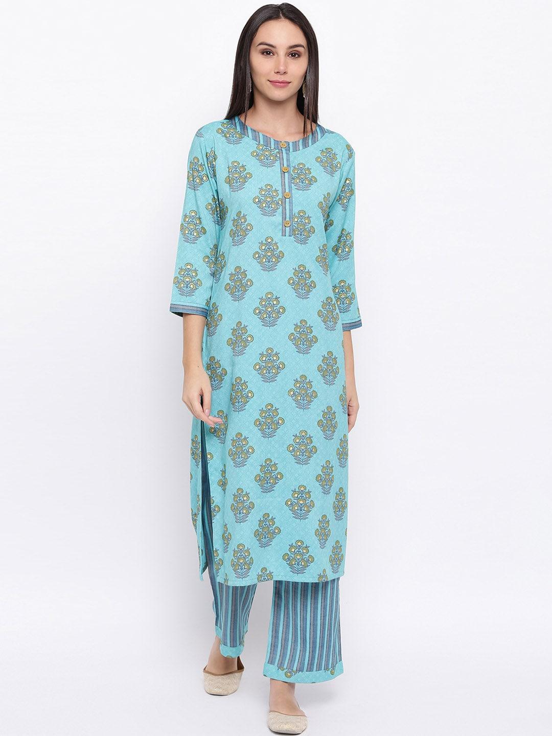 fabnest women turquoise blue printed kurta with palazzos
