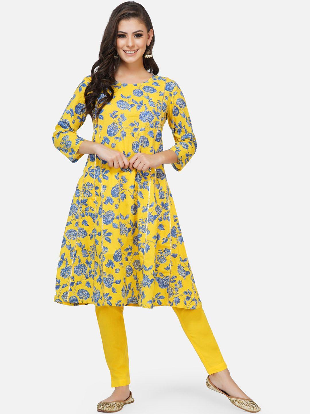 fabnest women yellow & blue floral printed regular pure cotton kurta with trousers
