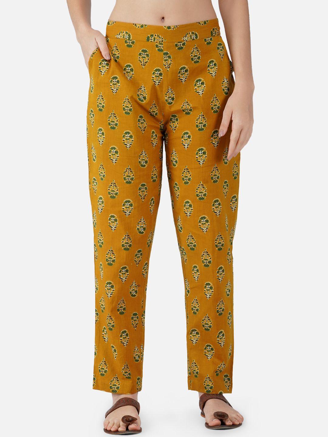 fabnest women yellow printed relaxed trousers