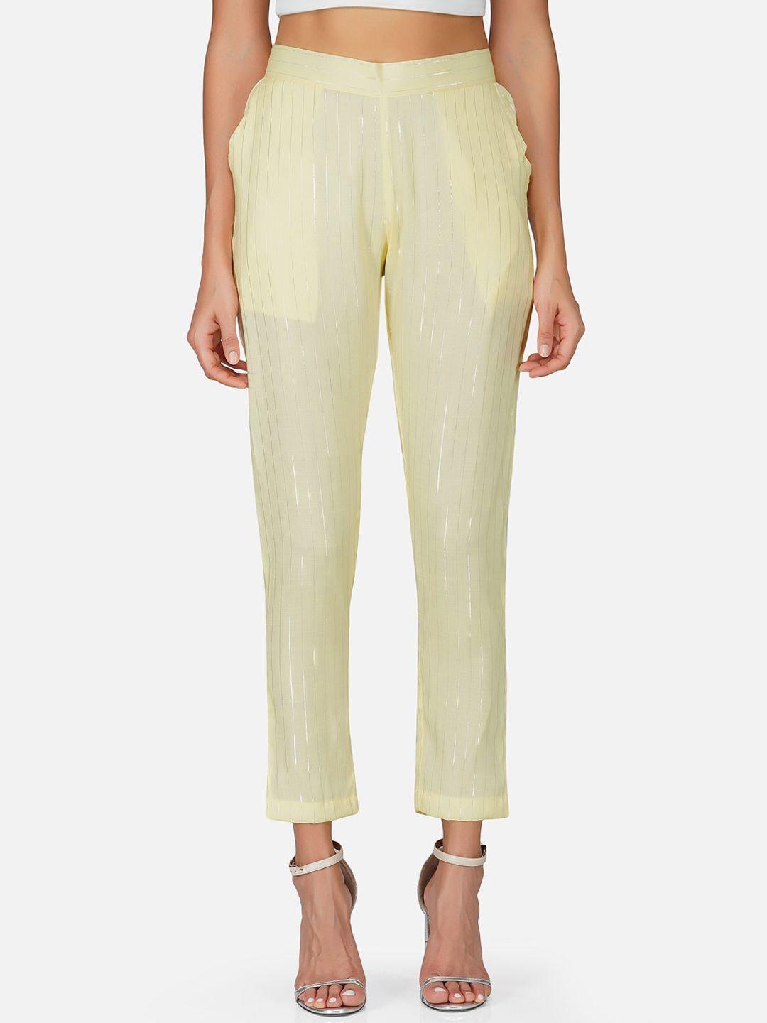 fabnest women yellow striped cigerette trousers