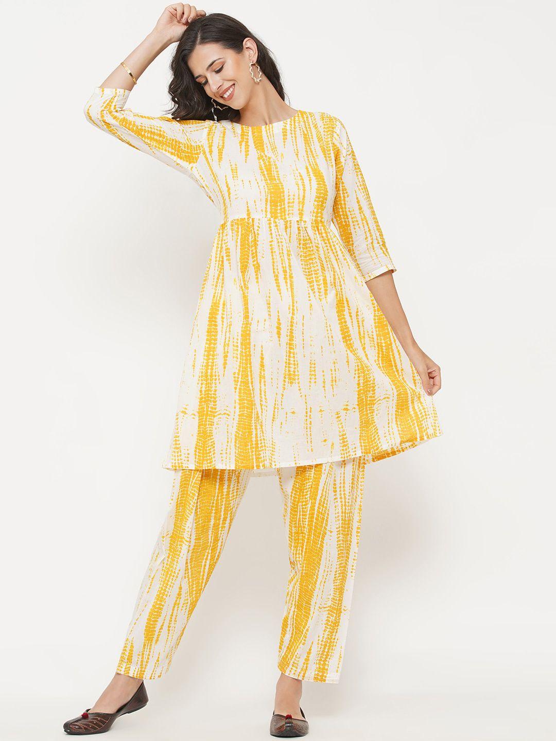 fabnest women yellow striped pleated pure cotton kurta with trousers