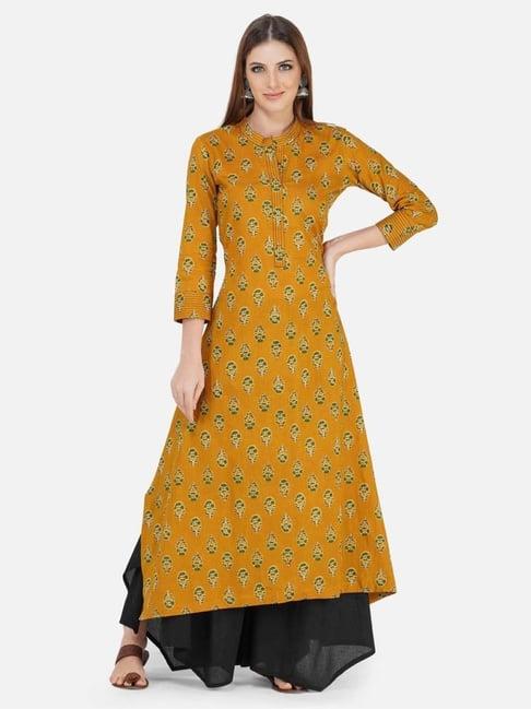 fabnest yellow ajrakh print a line kurta with thread work at sleeve and neck