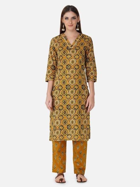 fabnest yellow ajrakh print straight kurta with gota inserts