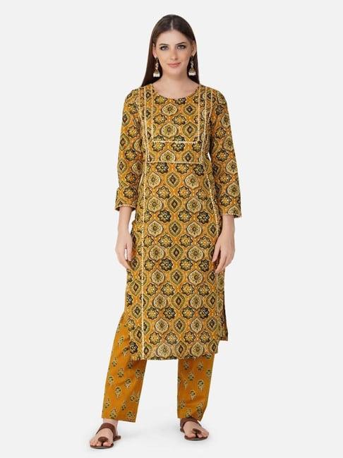 fabnest yellow ajrakh print straight v neck gota embellished kurta set