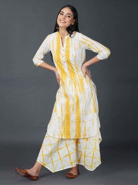 fabnest yellow shibori print straight kurta with assymetrical pants