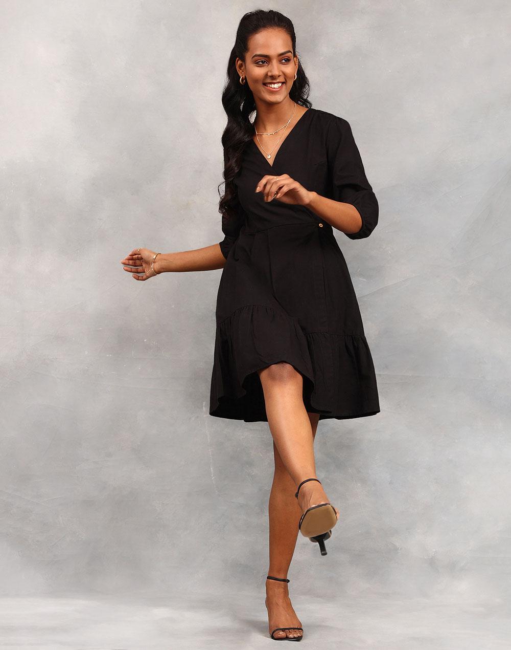 fabnu black cotton linen knee length wrap dress