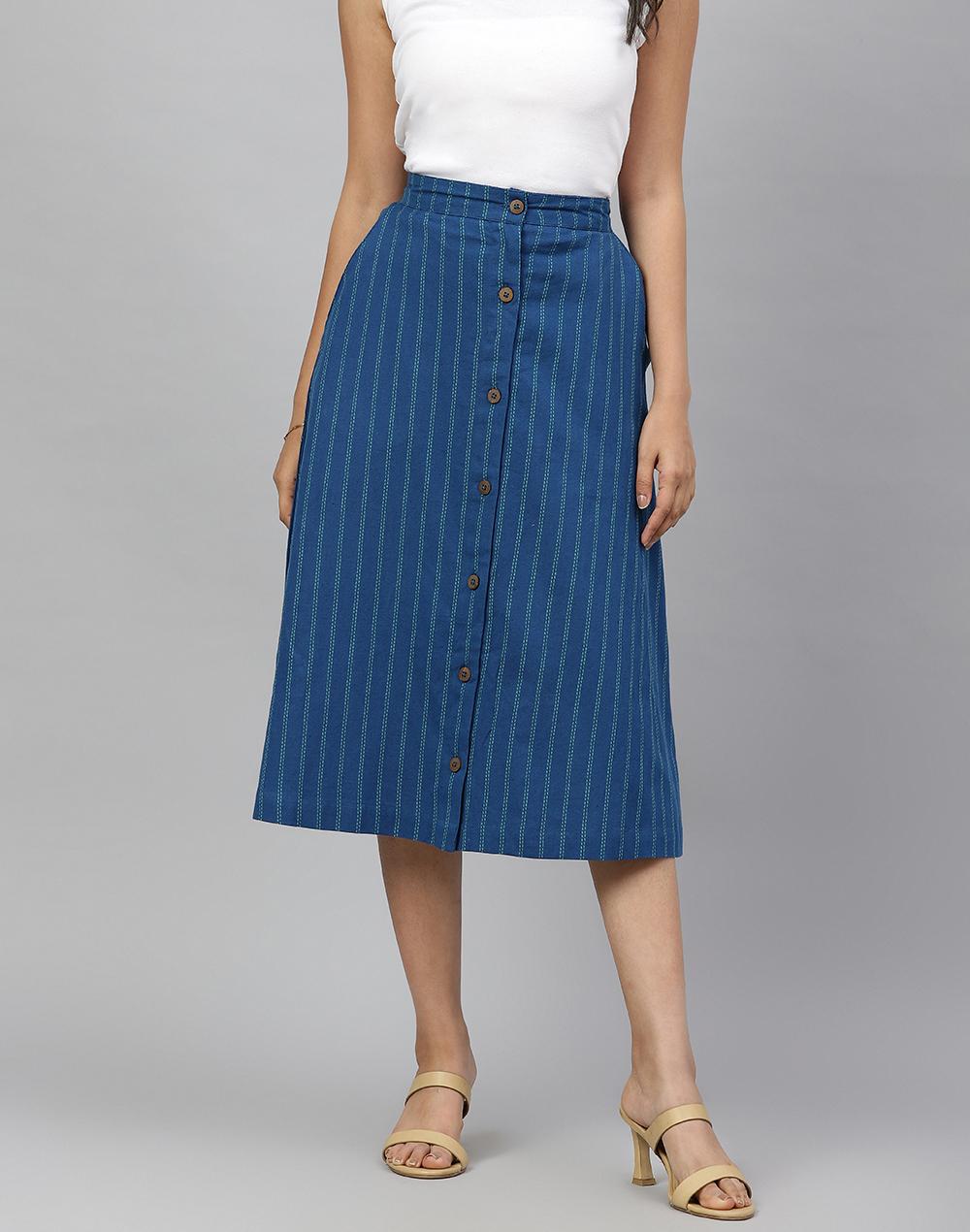 fabnu blue cotton linen knee length skirt midi