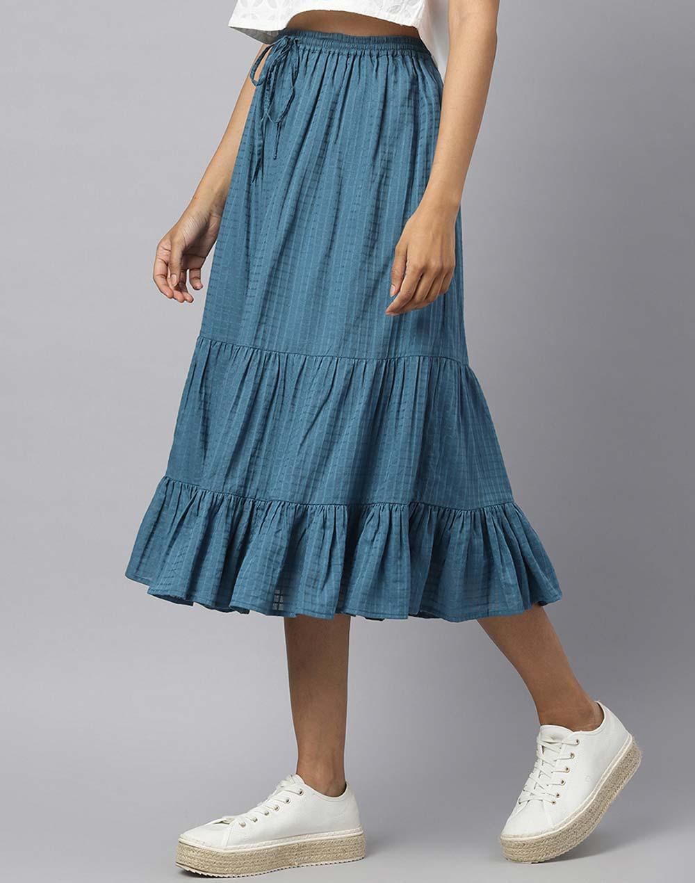 fabnu blue cotton printed midi skirt