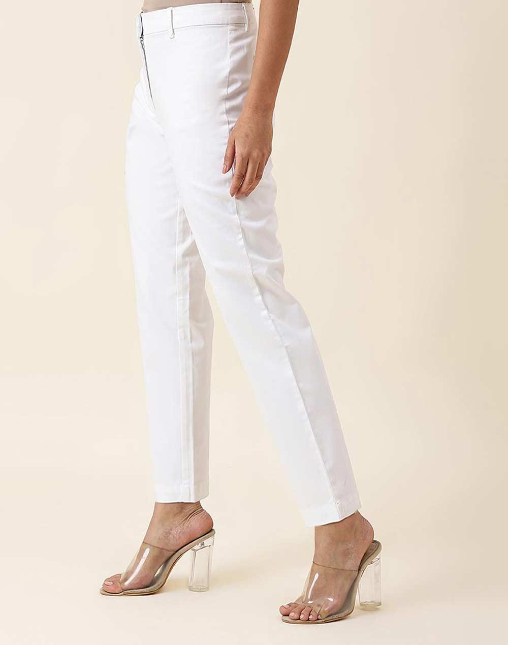 fabnu white cotton slim fit pant