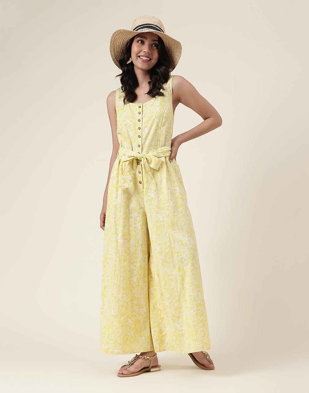 fabnu yellow cotton linen printed jumpsuit