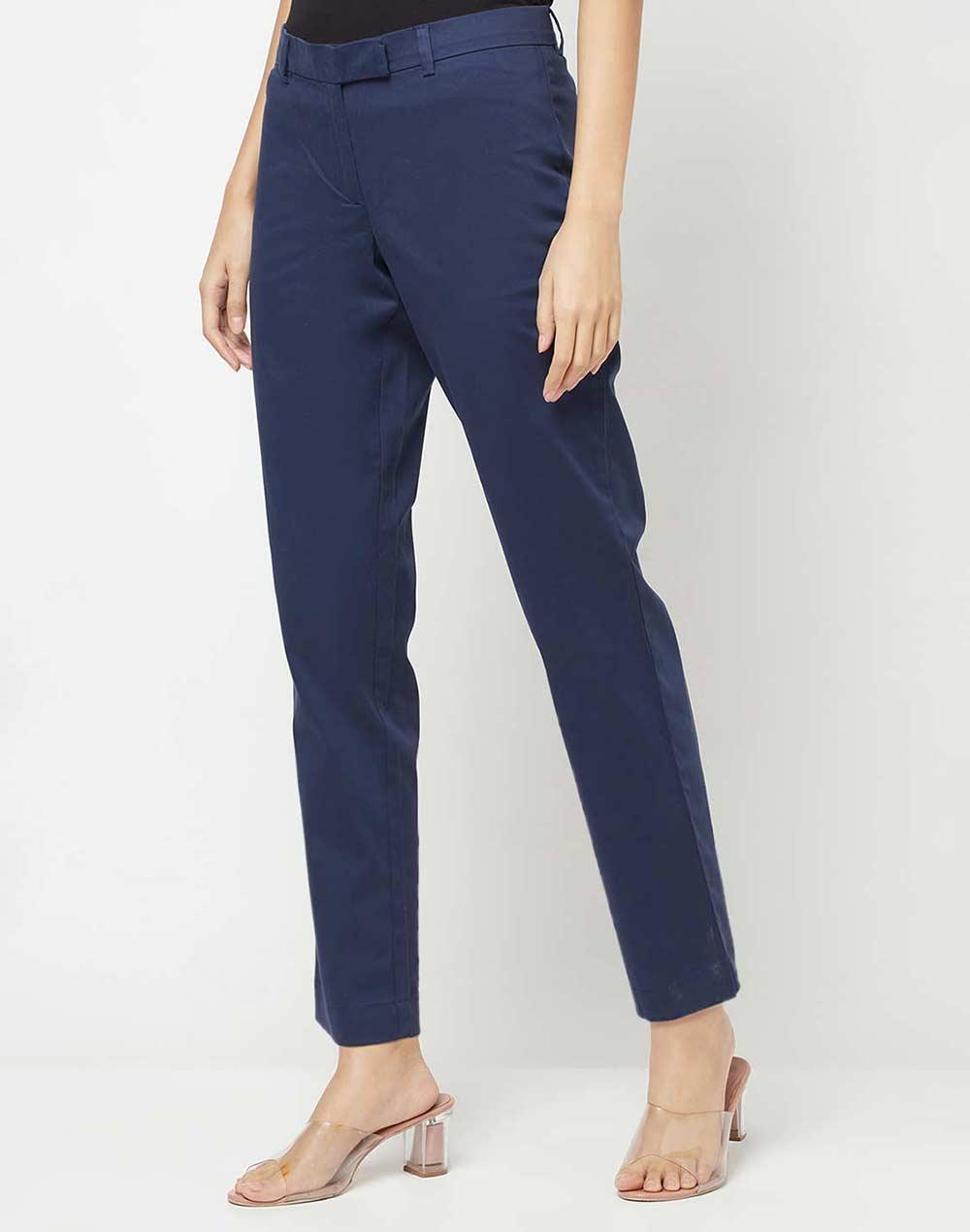 fabnu blue cotton blend slim fit casual pant