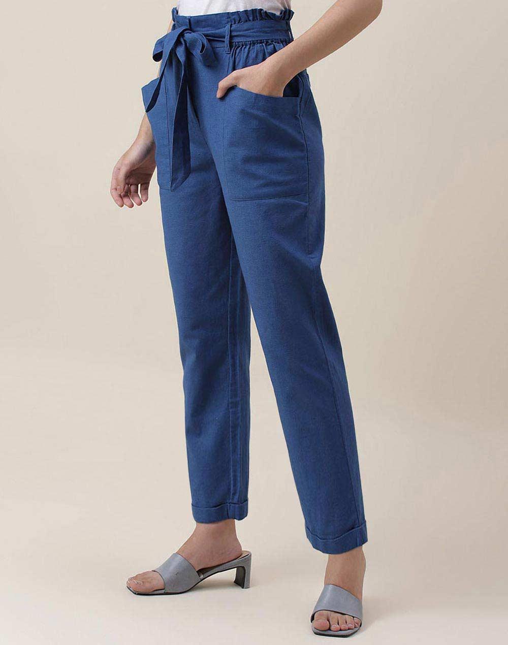 fabnu blue cotton linen ankle length pant