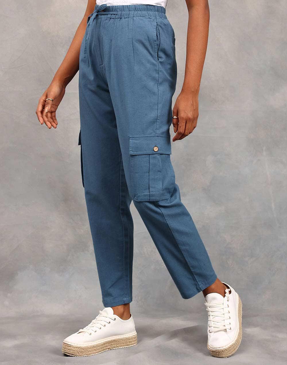 fabnu blue cotton linen drawstring pant