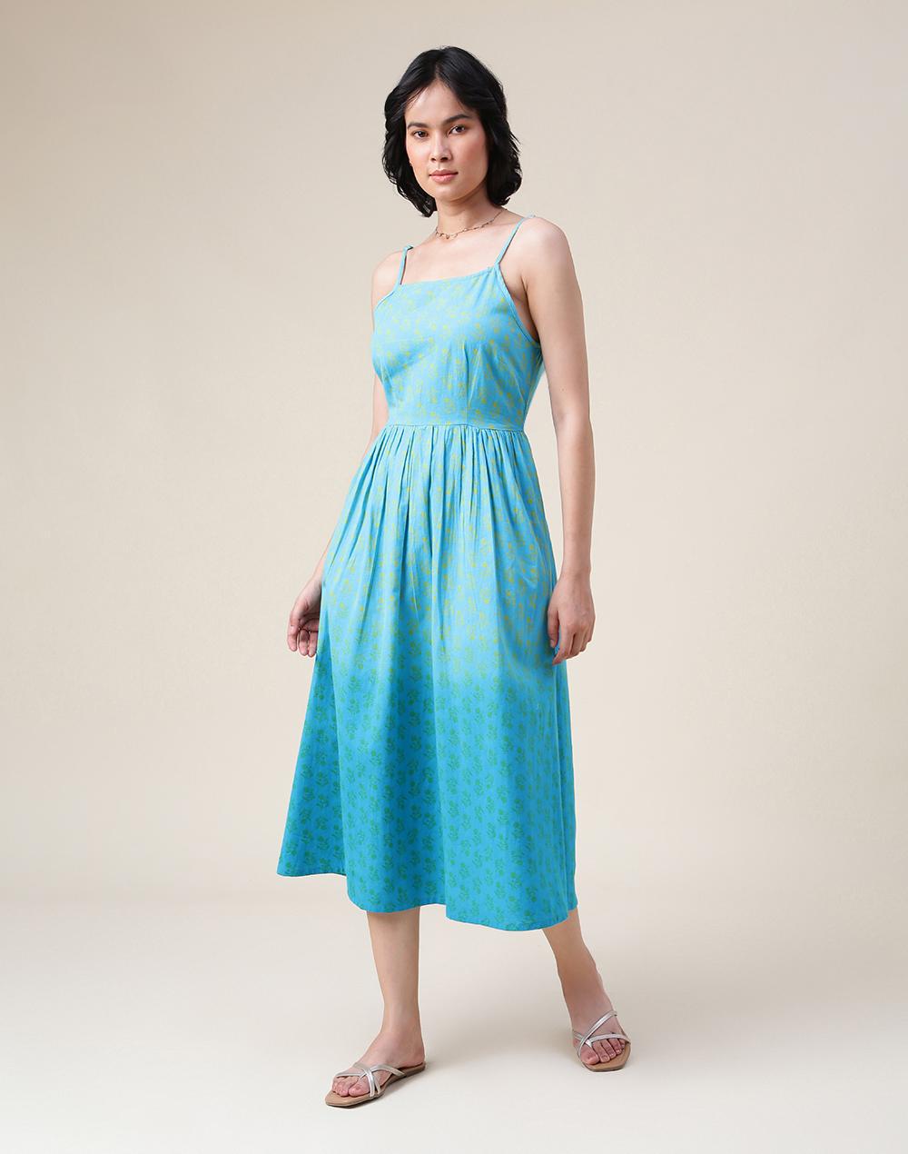 fabnu blue cotton printed midi dress
