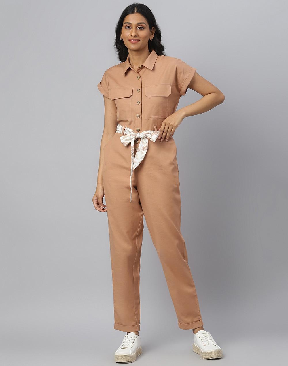 fabnu brown cotton buttondown jumpsuit