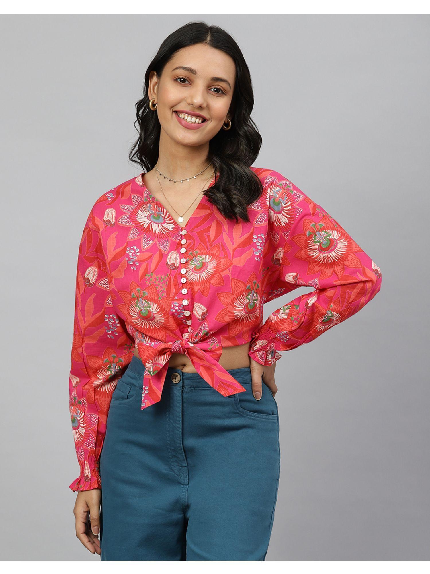 fabnu cotton printed tie up waist top