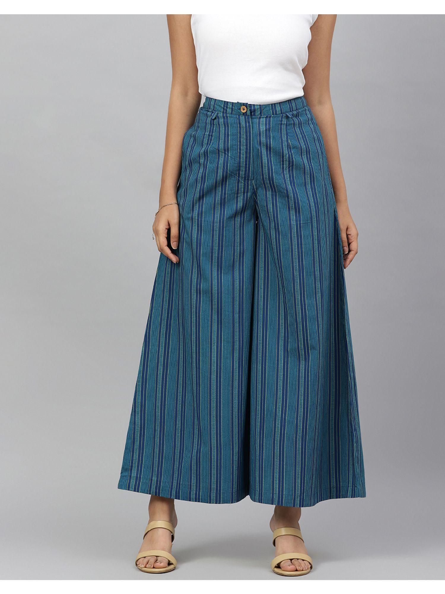 fabnu cotton striped casual wide hem pants