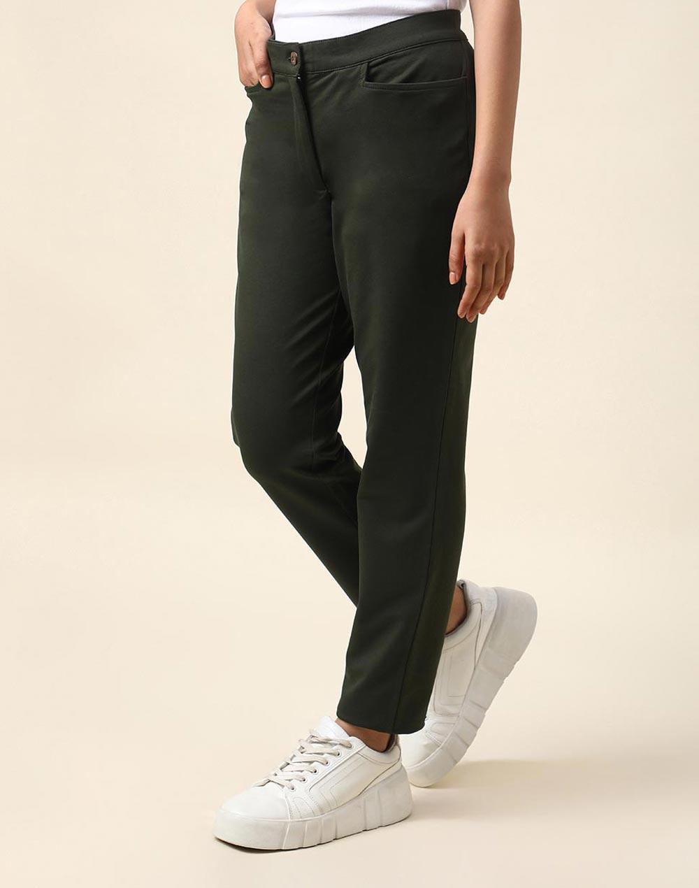 fabnu green cotton blend slim fit trouser