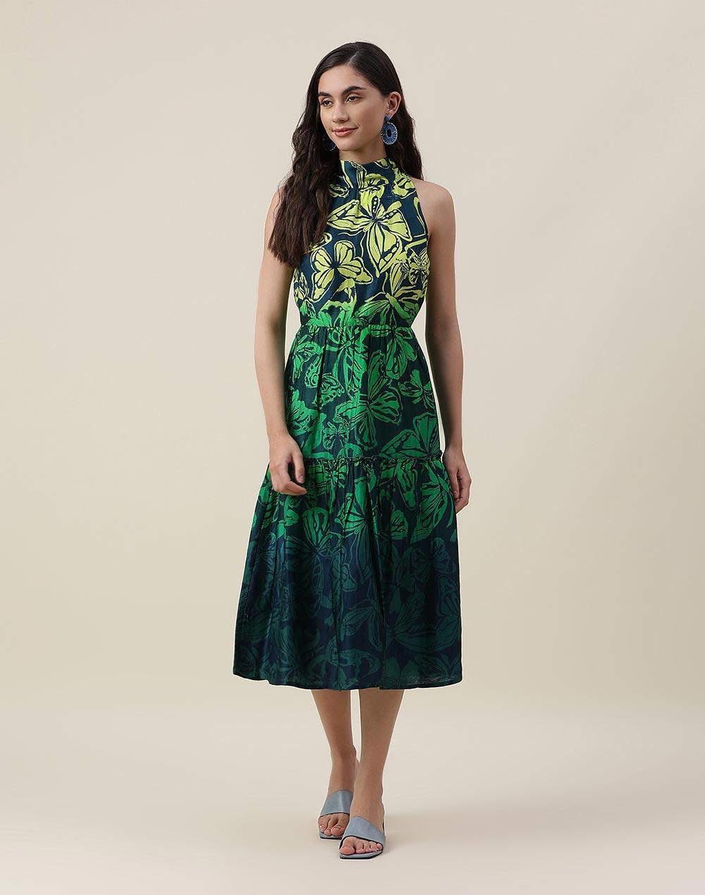 fabnu multi viscose butterfly printed midi dress