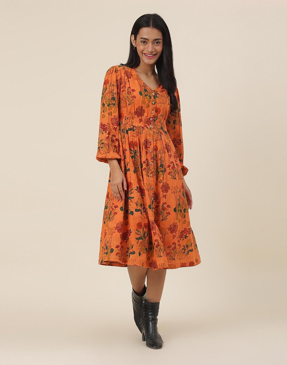 fabnu orange cotton printed midi dress