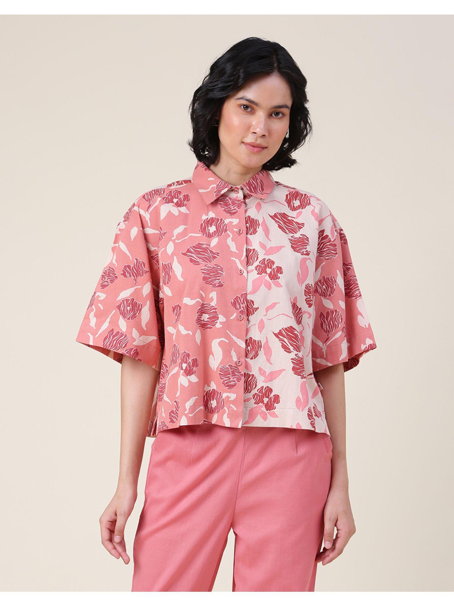 fabnu pink cotton linen flax printed shirt