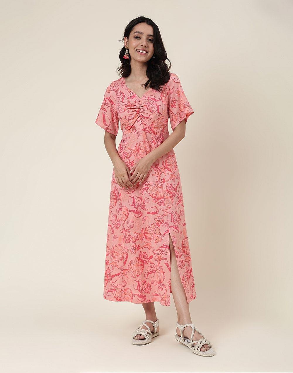 fabnu pink cotton linen printed midi dress