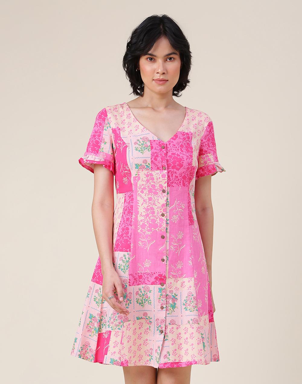 fabnu pink cotton linen printed short dress