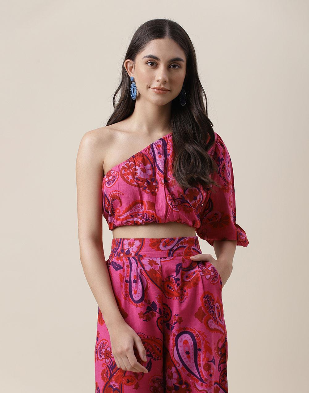 fabnu pink cotton linen printed short top