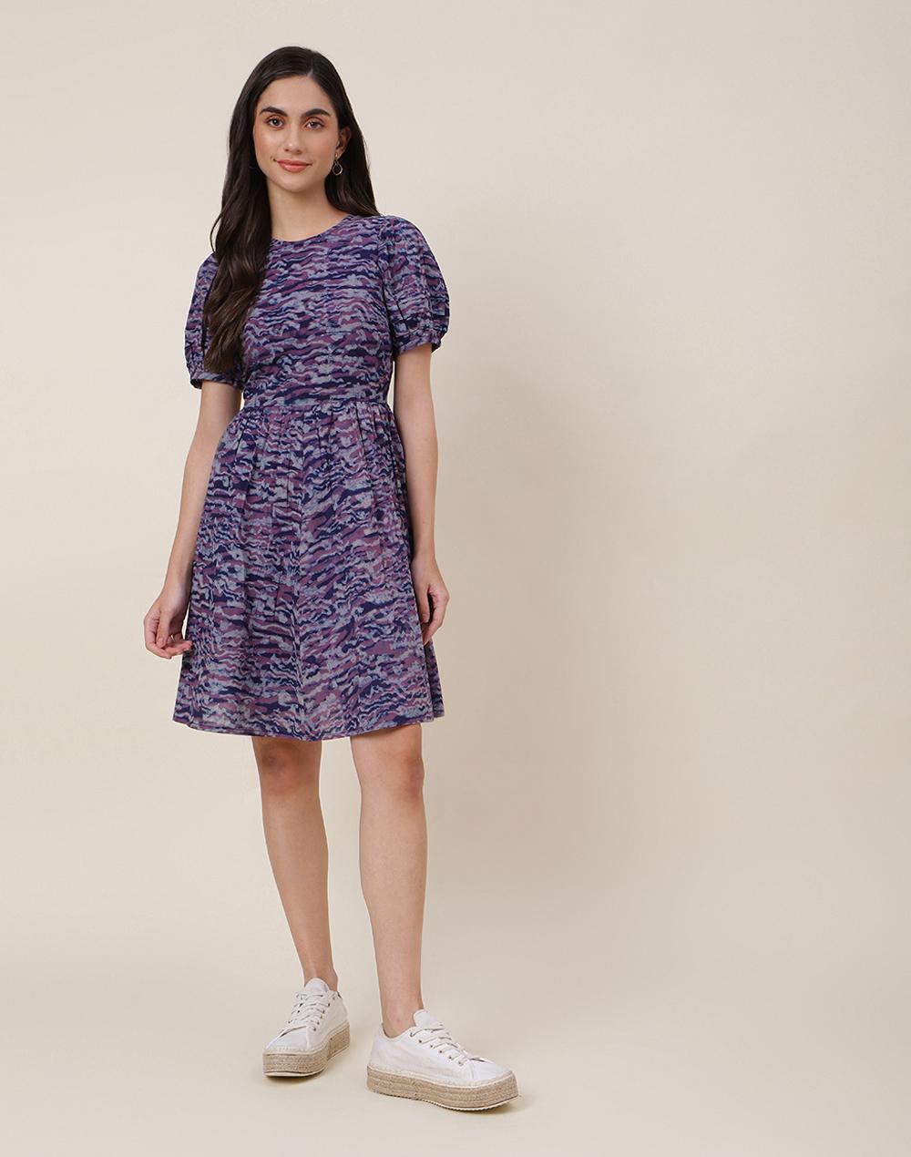 fabnu purple cotton dabu printed short dress