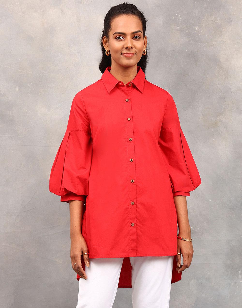 fabnu red cotton balloon sleeve tunic