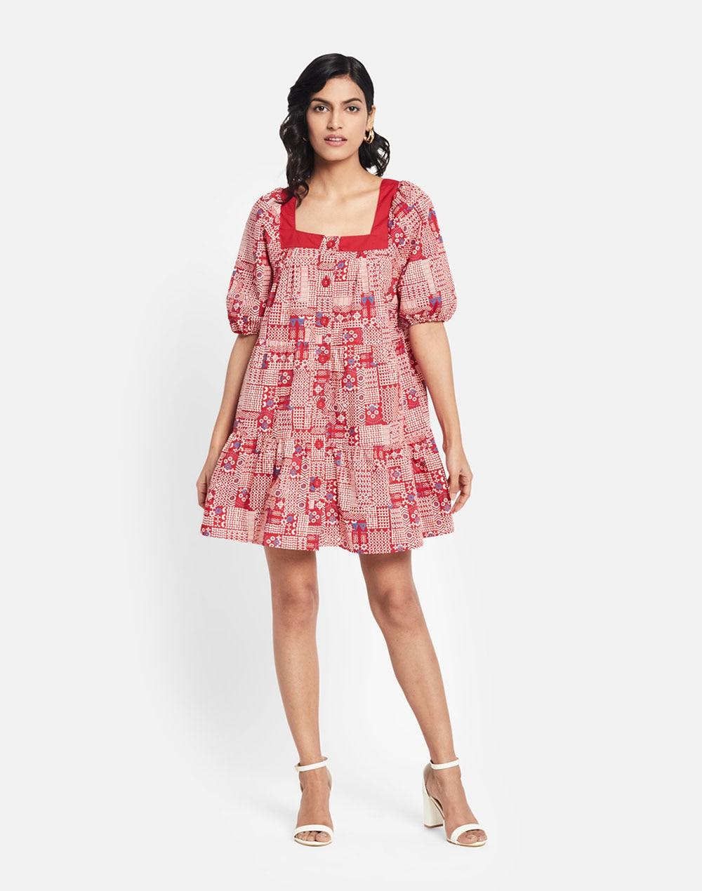 fabnu red cotton geoprint tiered dress