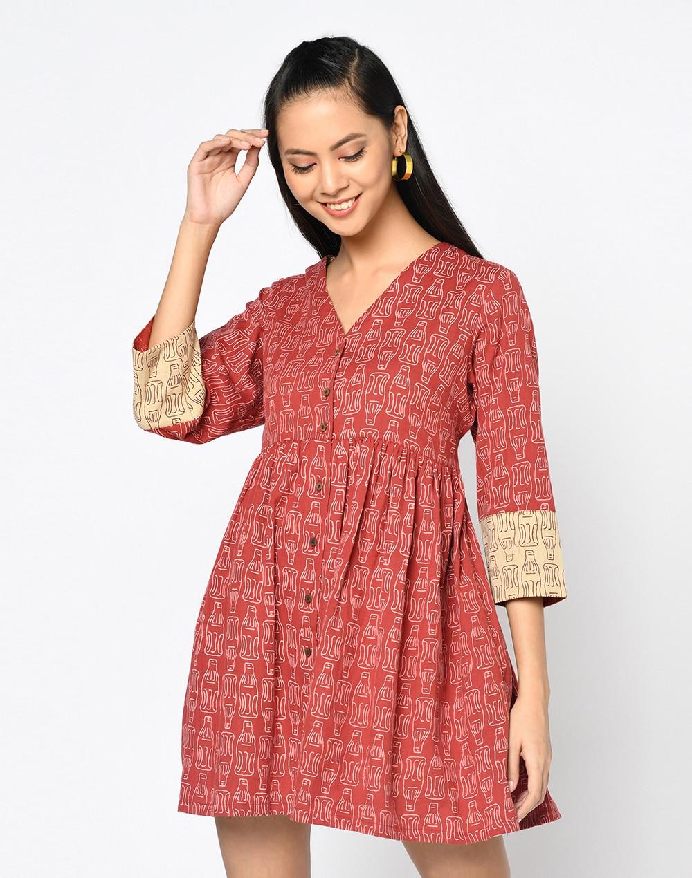 fabnu red cotton linen flax printed dress