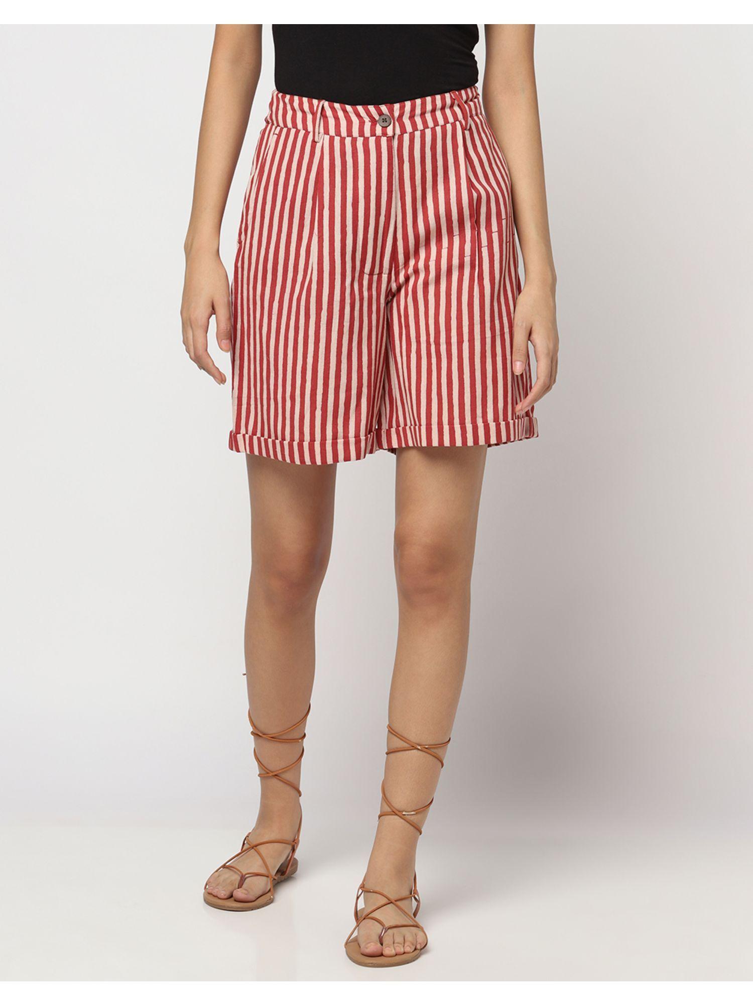 fabnu red cotton linen printed shorts