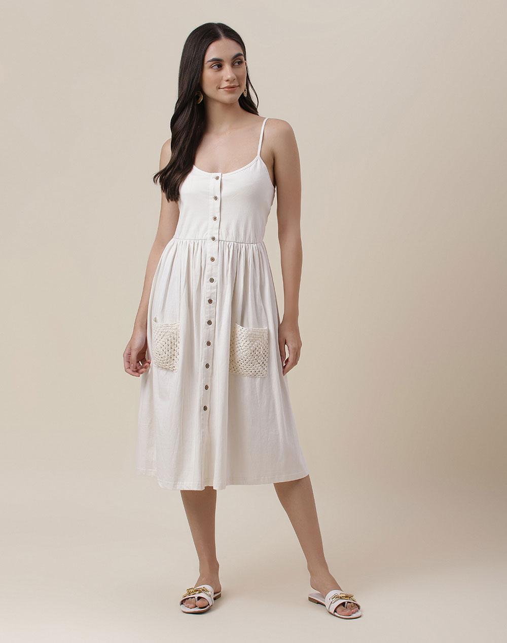 fabnu white cotton knee length midi dress