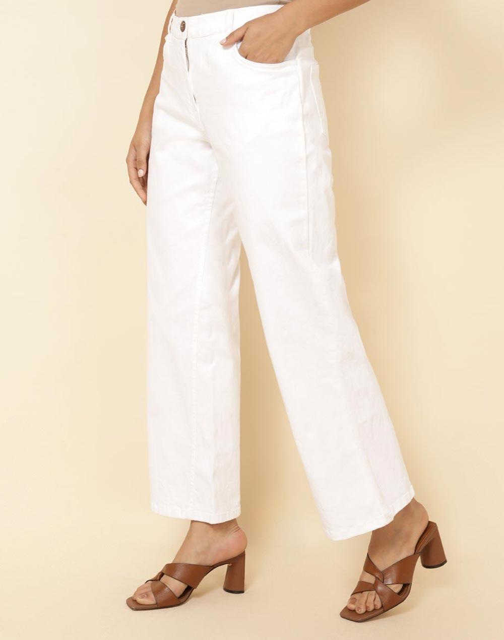 fabnu white cotton slim fit casual pant