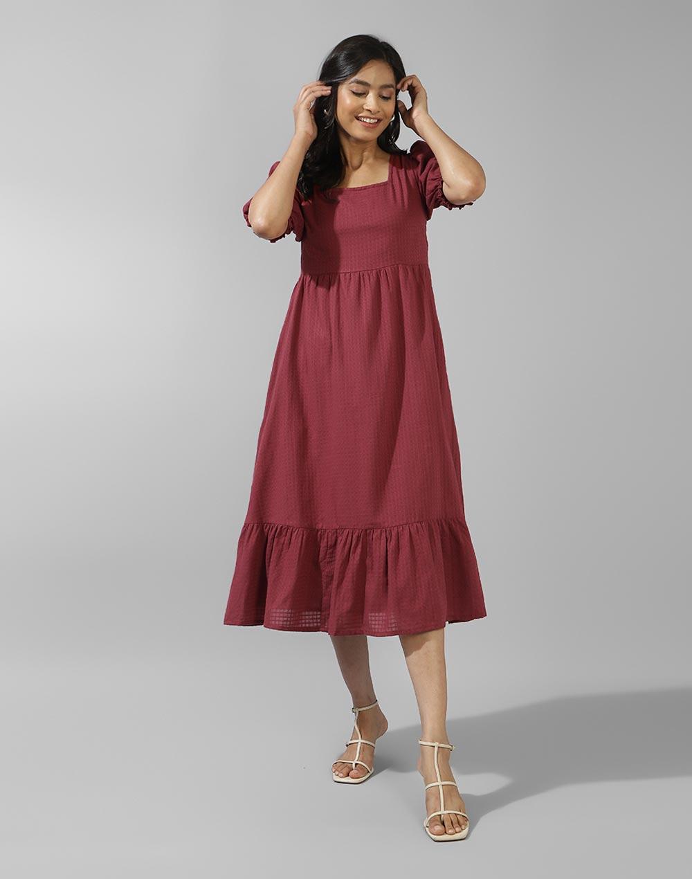 fabnu wine cotton woven midi dress