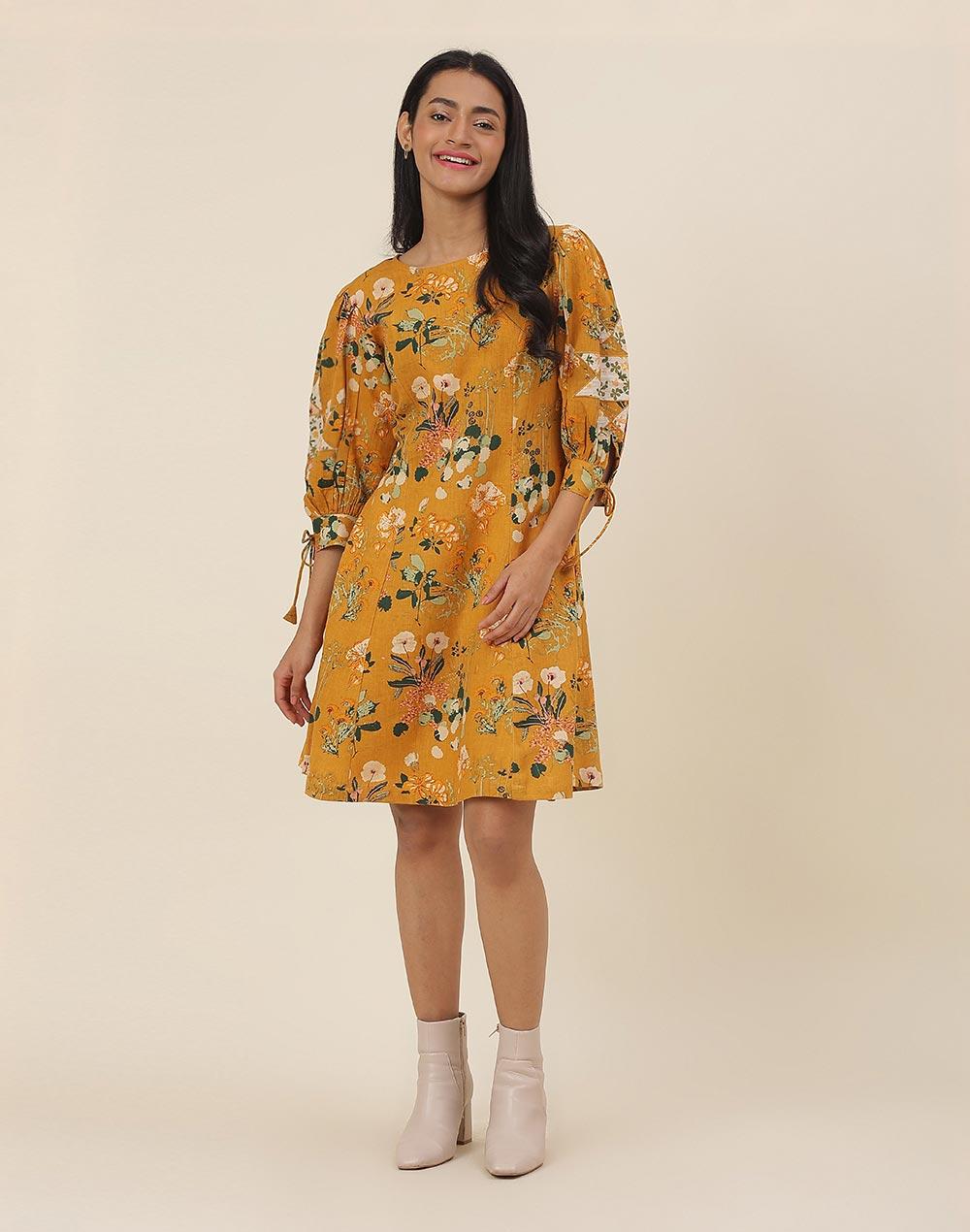 fabnu yellow cotton linen printed short dress