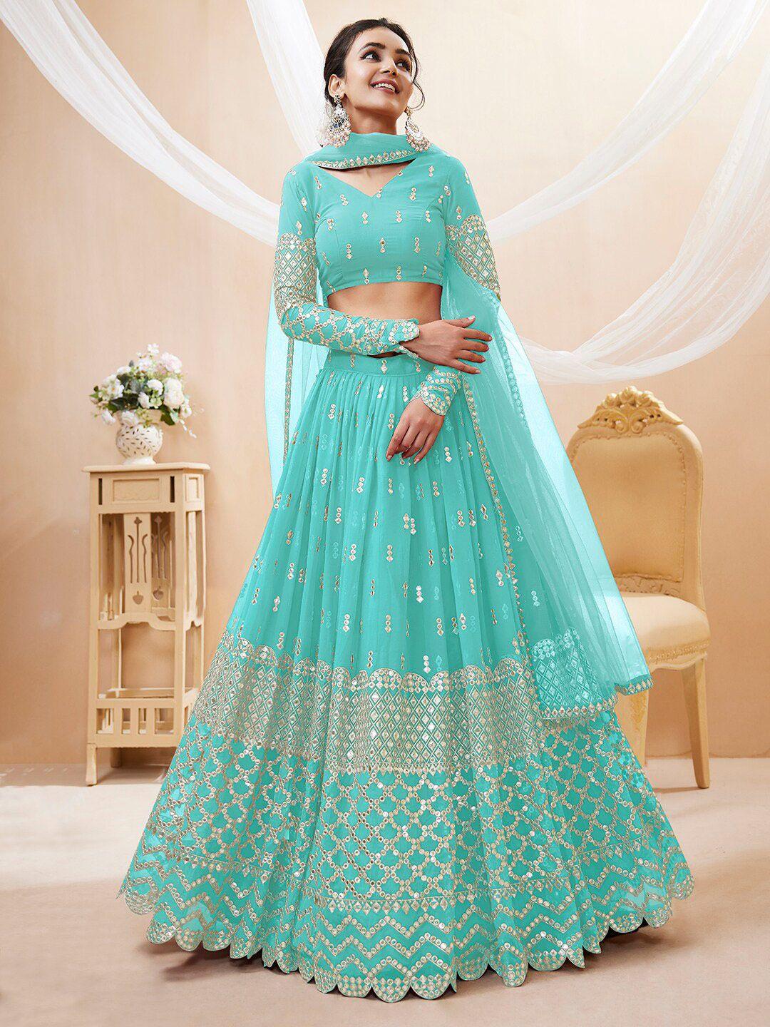 fabpixel blue & silver-toned embroidered sequinned semi-stitched lehenga & unstitched blouse with dupatta