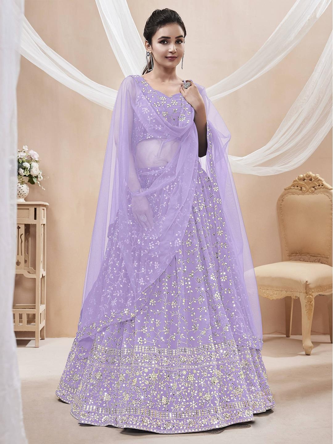 fabpixel lavender & silver-toned embroidered thread work semi-stitched lehenga & unstitched blouse with
