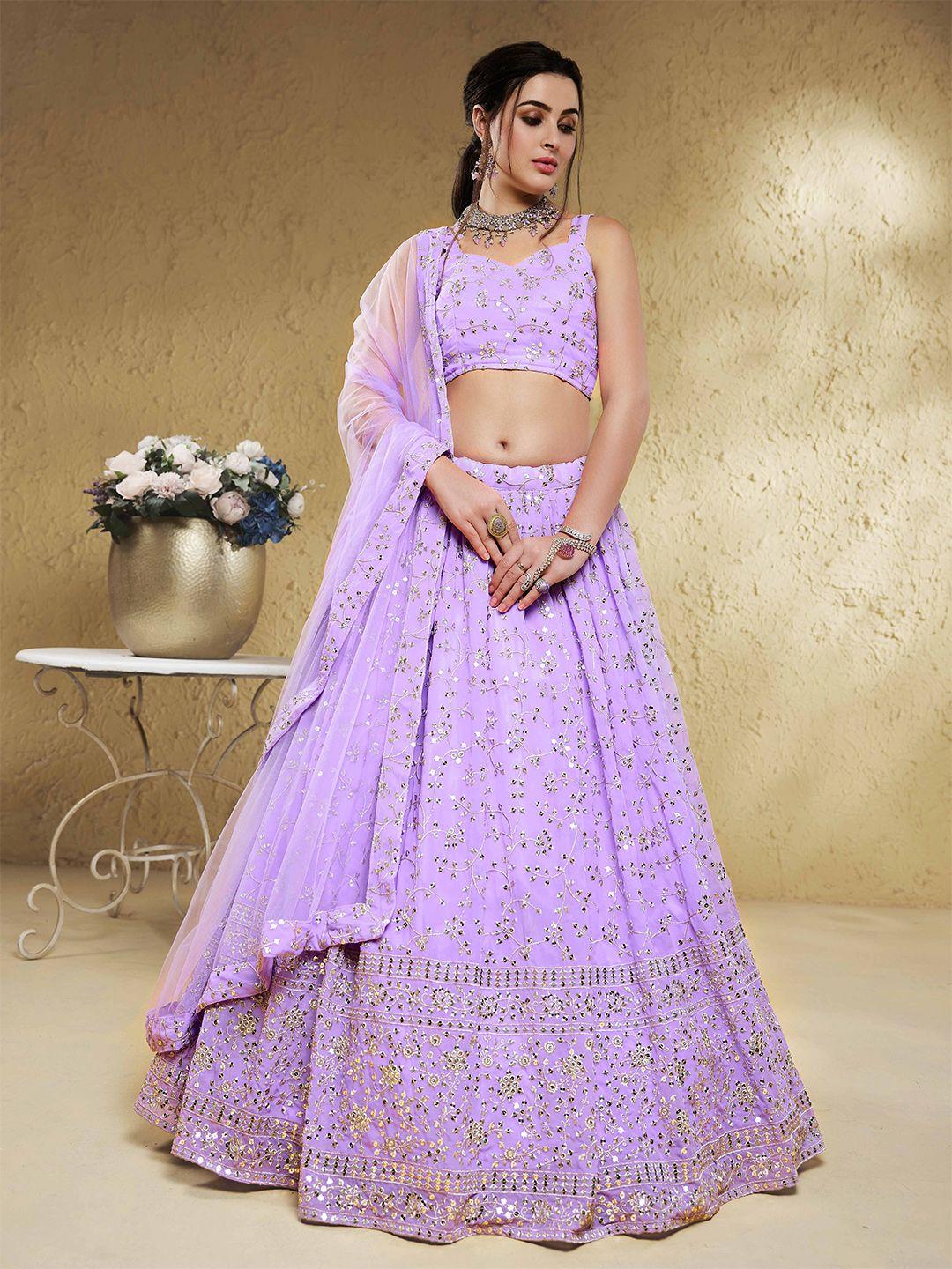 fabpixel lavender embroidered sequinned semi-stitched lehenga & unstitched blouse with dupatta