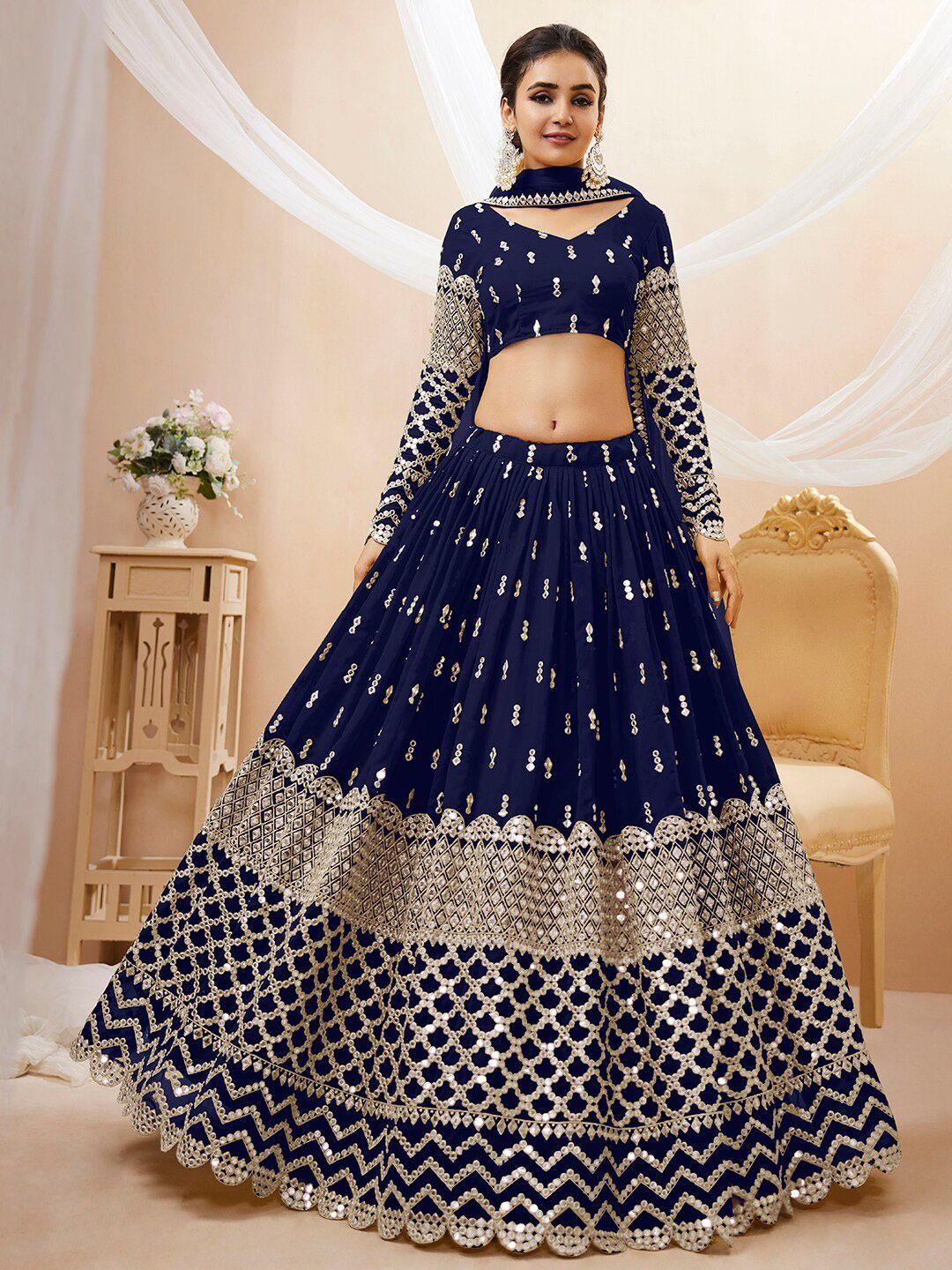 fabpixel navy blue & gold-toned embroidered sequinned semi-stitched lehenga & unstitched blouse with dupatta
