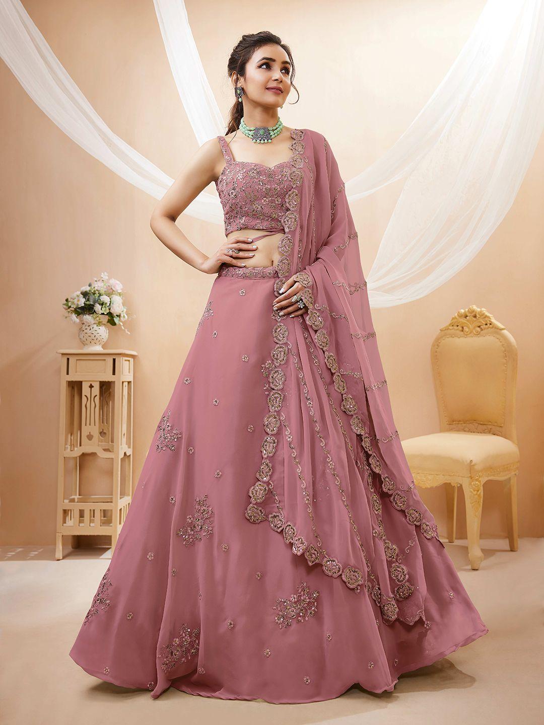 fabpixel pink & gold-toned embroidered sequinned semi-stitched lehenga & unstitched blouse with dupatta