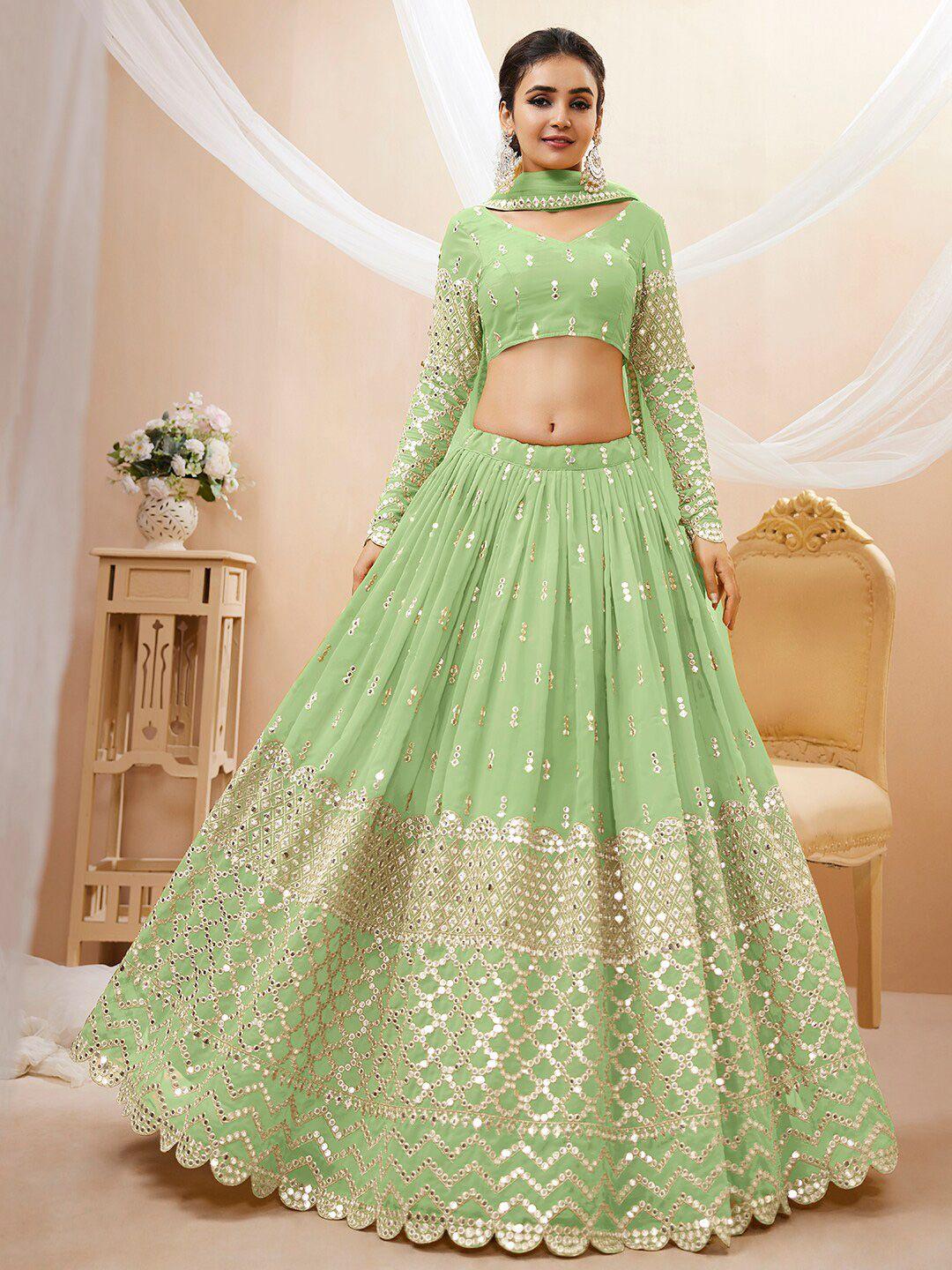 fabpixel sea green & gold-toned embroidered sequinned semi-stitched lehenga & unstitched blouse with dupatta